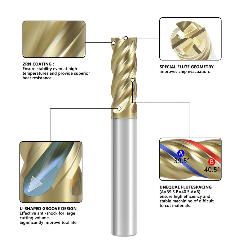 3/16" Carbide Square End Mill with ZrN Coating 4 Flute Unequal Helix Design Mill Bits Sets for Roughing and Finishing (5PCS) 3/16 in 5