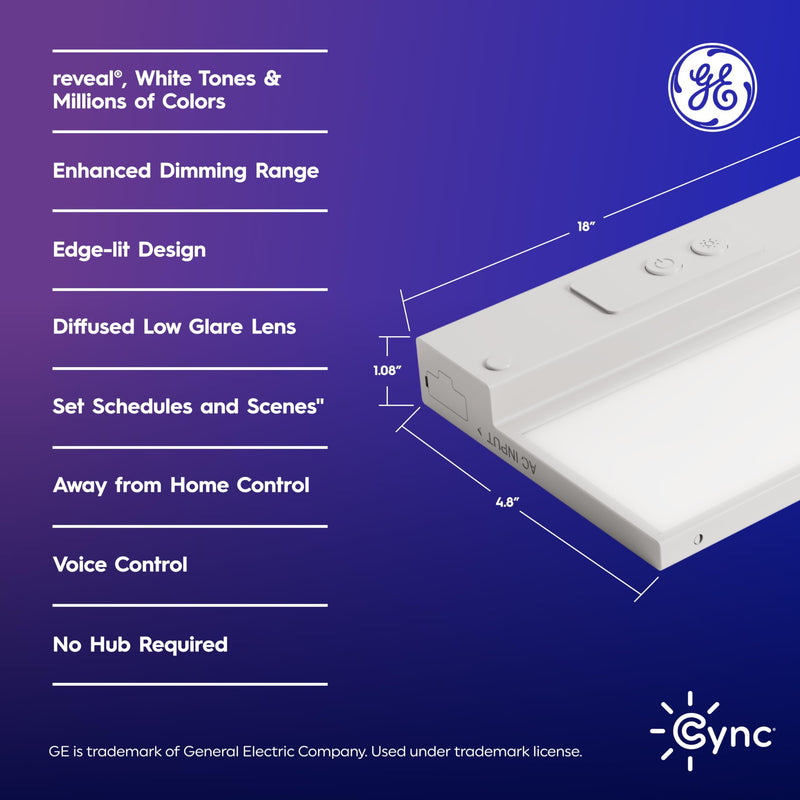 GE Cync Reveal HD+ Smart Undercabinet Light Fixture, Color Changing Undercab Light, Smart Wi-Fi Kitchen Light, Works with Alexa and Google Home, 18-in Bar 18 Inch Light Bar