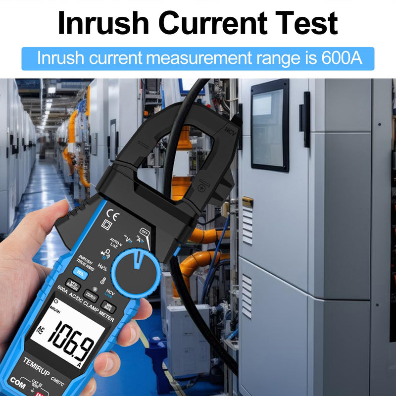 Digital Inrush Clamp Meter Multimeter, TEMIRUP T-RMS 6000 Counts 600A Current Amp Volt Meter with VFD,LOZ Mode; Measures NCV AC/DC Current Voltage Temperature Resistance Capacitance Continuity CM87C 600A AC/DC Clamp Meter