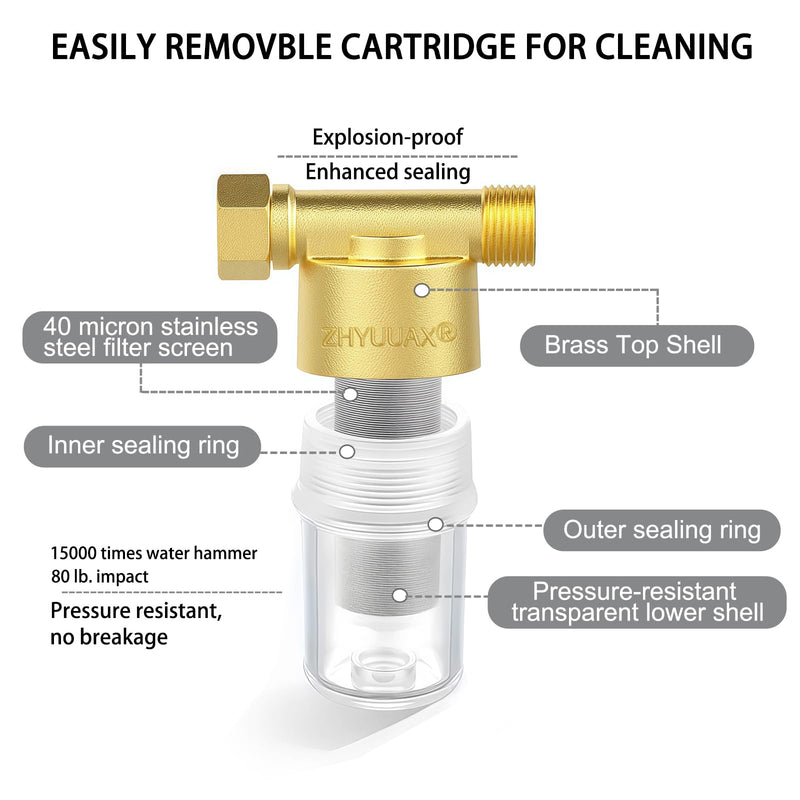 YH01 Reusable Washing Machine Water Filter, 40 Micron Brass Sediment Filter, for Washer, Heater, Garden, Protecting Appliances, Reduces Clothes Yellowing, Anti Scale Shower Filter