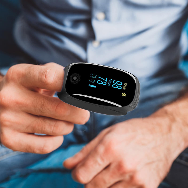 Fingertip Pulse Oximeter with Respiration Rate & Respiratory Monitoring SpO2, Heart Rate, PI & RR Measurements, Blood oximeter Rechargeable 6 Display Modes & 4-Way Rotatable Screen for Home & Sports Use（Black）