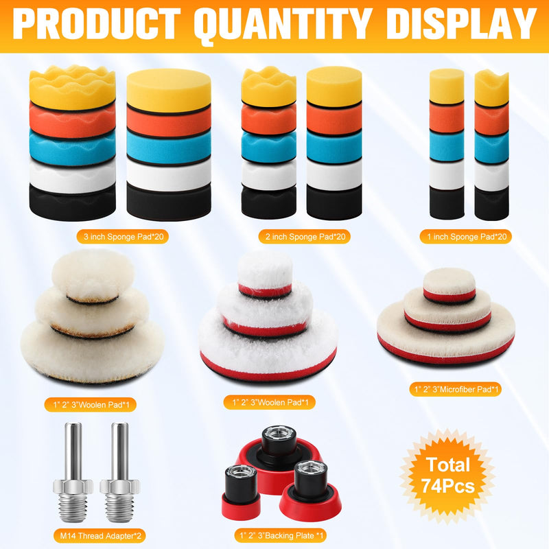 Maxdot 74 Pcs Car Foam Drill Polishing Pad Kit 60 Pcs 1inch 2inch 3inch Buffing Pads Backing Adapters Mix Size Car Detailing Polishing Supplies