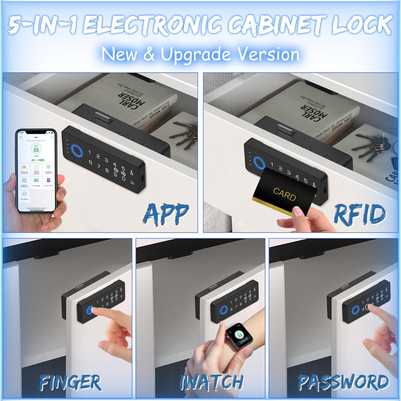 Smart RFID Fingerprint Lock - Cabinet Drawer Lock with Key Cards, Digital Electronic Biometric Bluetooth Child Safety Cabinet Code Lock Liquor File Desk Cupboard Kitchen Liquor Drawer Silver Horizontal