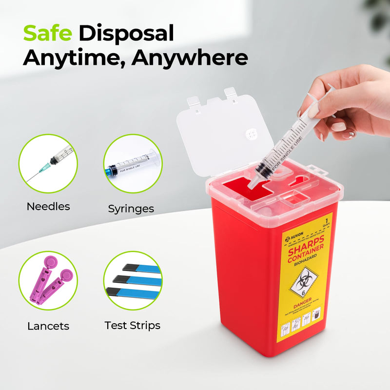 AUVON Sharps Container for Home Use with Split Lid Design and Locking Mechanism, 1 Quart Needle and Syringe Disposal Containers, Portable Container for Travel and Professional Use, 1-Pack