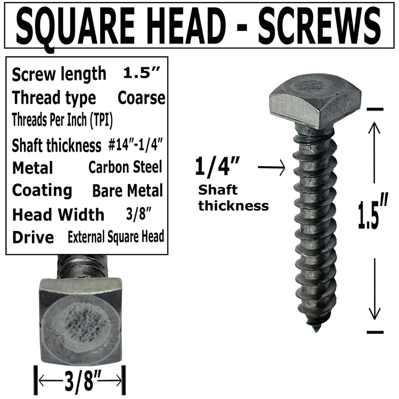 ¼” x 1.5” - Rustic Square Head Lag Wood Screws – Decorative Antique Metallic Square Drive Lag Bolts – Bare Metal - ¼ in x 1 ½ in - for Hinges, Cabinets & Doors (25, Screws) 25
