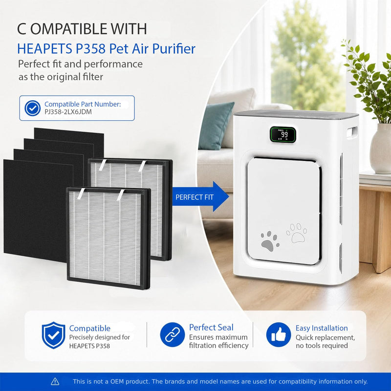 P358 Replacement Filters Compatible for HEAPETS P358 Pet Air Purifier, HEPA Air Filter for Pet Hair, 2 HEPA Composite Filters, 4 Pre-Filters, Replaces Part #PJ358-2LX6JDM