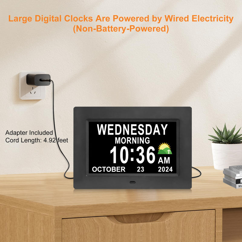 Digital Calendar Dementia Alarm Clock with Day and Date for Elderly - 15 Alarms 5 Colors Display Large Display Alzheimers Clock Large Digital Clock for Seniors (7in Black) 7''black