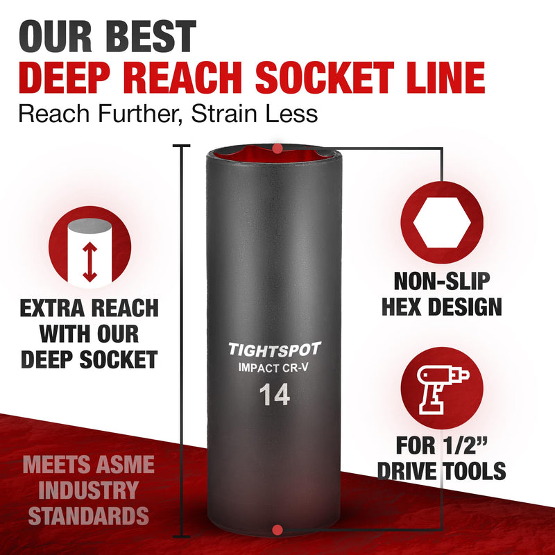 TIGHTSPOT 1/2 Inch Drive - 14 mm Deep Impact Socket with Anti-Rounding 6 Point Design, Heat-Treated CRV Steel, Metric 1/2” Drive Deep Socket 1/2” Drive 14mm Deep Impact Socket - 6pt