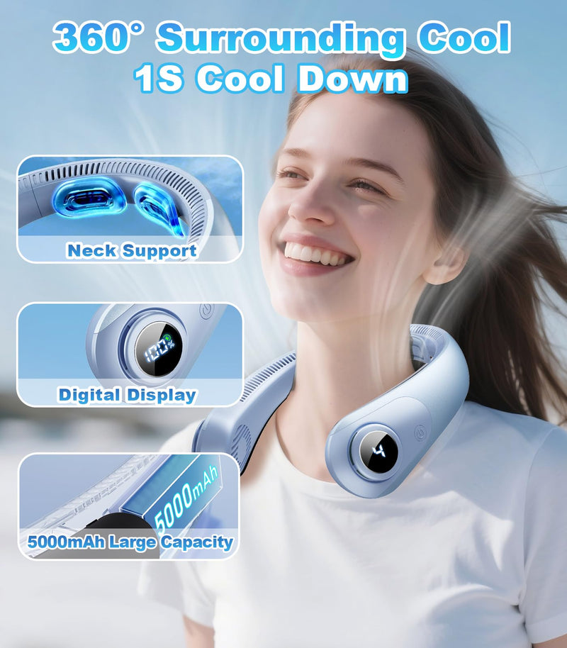 Portable Neck Fan With LED Display, Hands-free 5 Speeds Cooling, Neck Support, Lightweight, Battery Operated, Personal Bladeless Fan Rechargeable, Gift for Women Men, Hot Flashes, Travel, Camping ocean blue