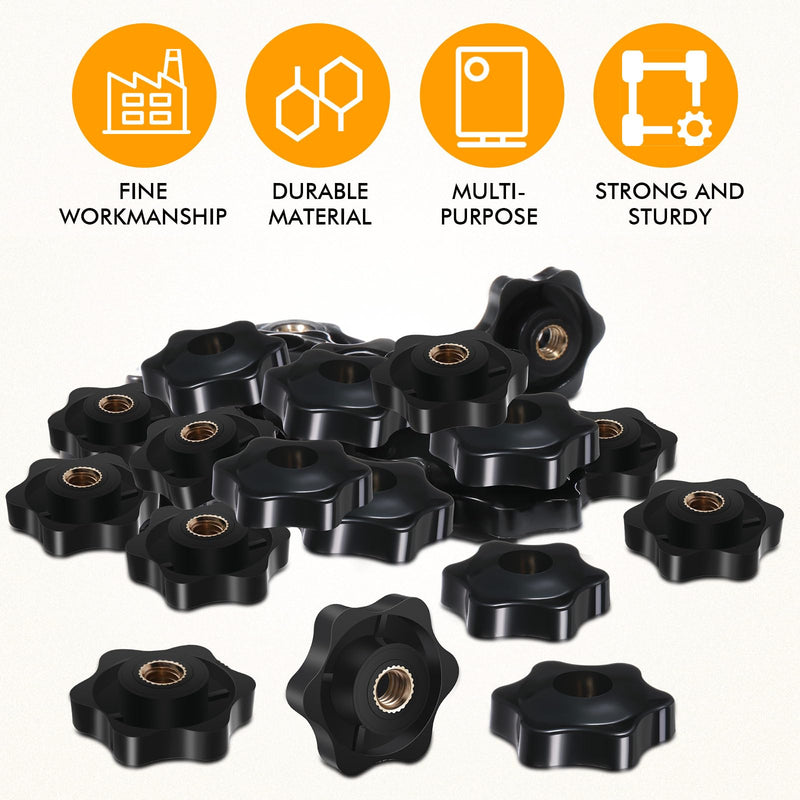 Zhengmy 30 Pcs 1/4-20 Knob 1/4 Inch 20 Female Threaded Knob Black Plastic Hexagon Head Thru Knobs 6 Star Knobs Nuts Clamping Knobs Jig Knobs