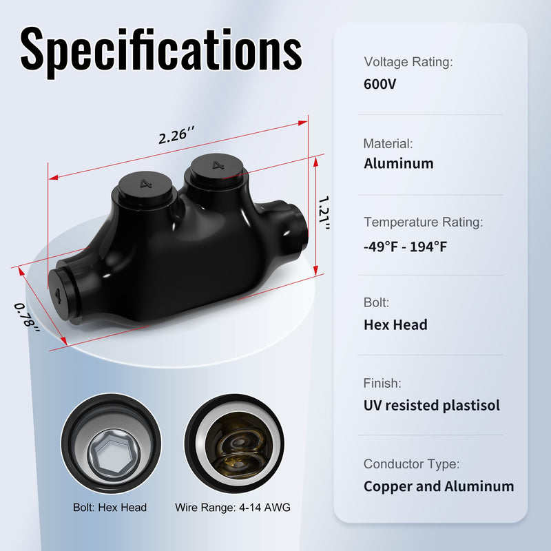 6 Pack Insulated Inline Splice Connector 4-14 AWG Aluminum to Copper Wire Connectors 5/32" Slotted Allen Hex Black Electrical Cable Connectors
