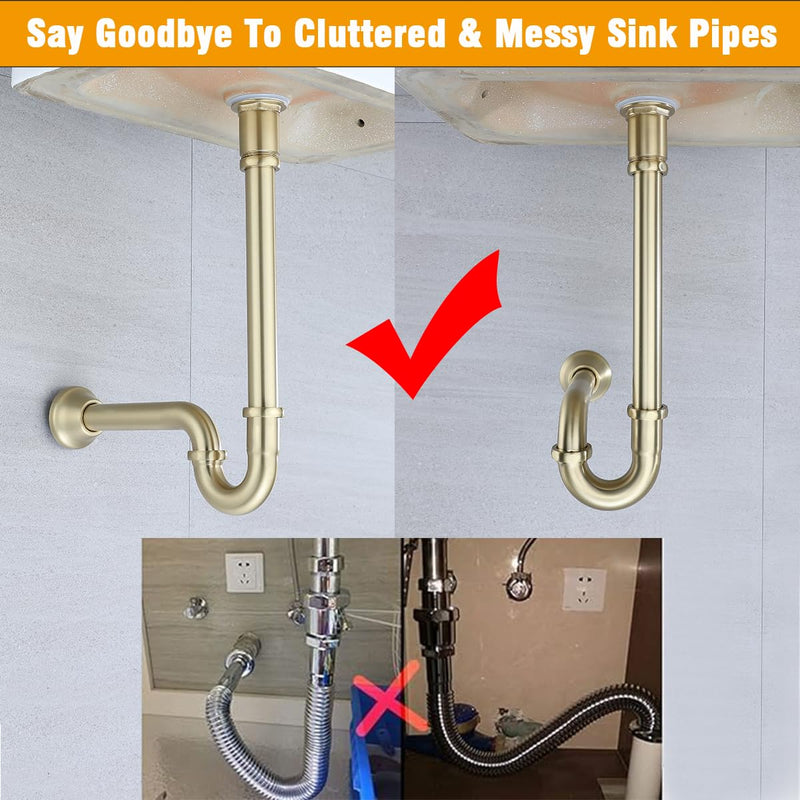 RANDOM Brass P Trap Bathroom Sink U-Shape 1-1/4 inch Sink Trap with Slip Joint Extension Tube,Adjustable Height Sink Waste Drain Bottle P-Trap Kit,Brushed Gold Basin Sink Plumbing.RD83555BG-L Brushed Gold