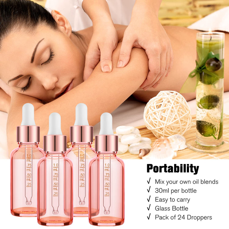 PrettyCare 4 Pack 1oz Eye Dropper Bottle Rose for Essential Oils with Measured Pipettes, 30ml Glass Bottles with Eye Droppers Tincture Bottles, Leak Proof Travel Bottles Pink
