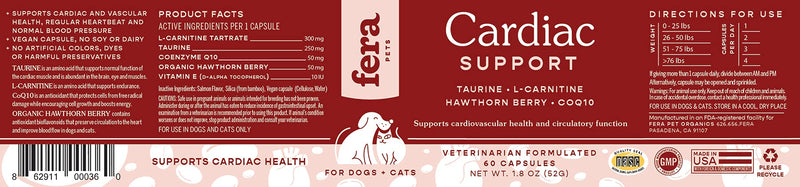 FERA Cardiac Support Supplement for Dogs Cats, Taurine, L-Carnitine, CoQ10, Organic Hawthorn Berry, Vitamin E, Promotes Cardiovascular Heart Health, Healthy Circulation 60 capsules - PawsPlanet Australia