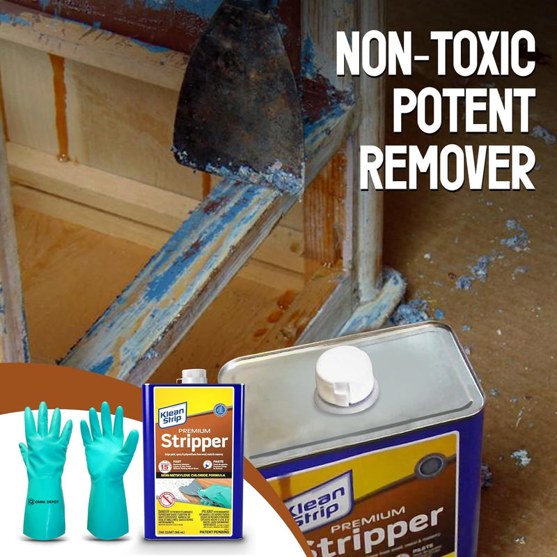 Paint & Varnish Remover Klean Strip Premium Stripper– Fast-Acting Stripper for Epoxy, Polyurethane, Wood, Metal & Masonry – Includes Protective Omni Depot Gloves – 1 QT