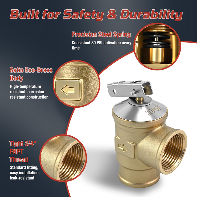 3/4" FNPT Female Inlet & Outlet – 30 PSI Automatic Pressure Relief Valve for Hot Water Boilers & Hydronic Heating Systems, Durable Lead-Free Brass, Up to 510,000 BTU