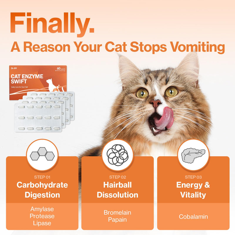 Doctor By Cat Enzyme Swift Cat Digestive Enzyme Supplement Vomiting Diarrhea, Loss of Appetite, Hairball with Pancreatine, Papain, Bromelain, Micro-Size for Easy Swallowing, 60 Sprinkle Capsules