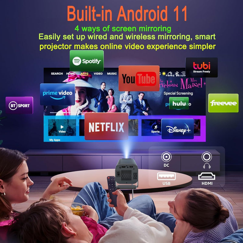 Smart Auto Keystone Projector with WIFI and Bluetooth, 270° Rotatable，AMX500 Mini Portable Projector, 4K Native 1080P Projector, Outdoor Movie Projector Compatible for Laptop, PC, Smartphone