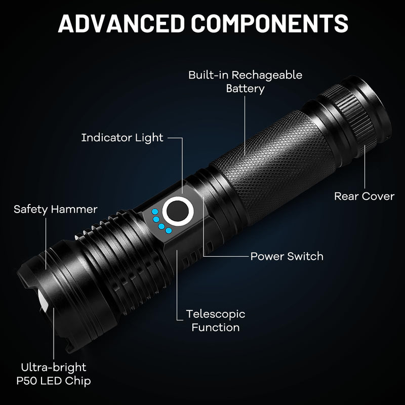 2 Pack Rechargeable LED Flashlights High Lumens, 99,000LM Super Bright Adjustable Flashlight with USB Cable & 5 Modes, Waterproof Handheld Flashlight Powerful Flash Light for Home Camping