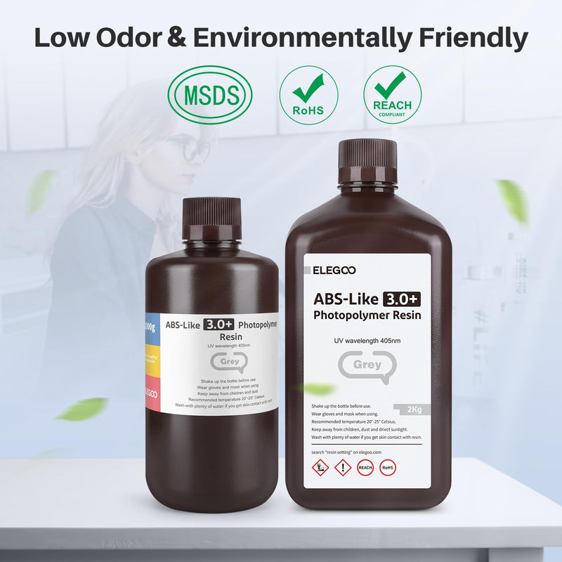 ELEGOO ABS-Like Resin 3.0 Plus, 3D Printer Resin with Low Viscosity and High Precision, 405nm Rapid UV-Curing Photopolymer Resin, 3D Resin for LCD/DLP 3D Printing, Grey 2000G