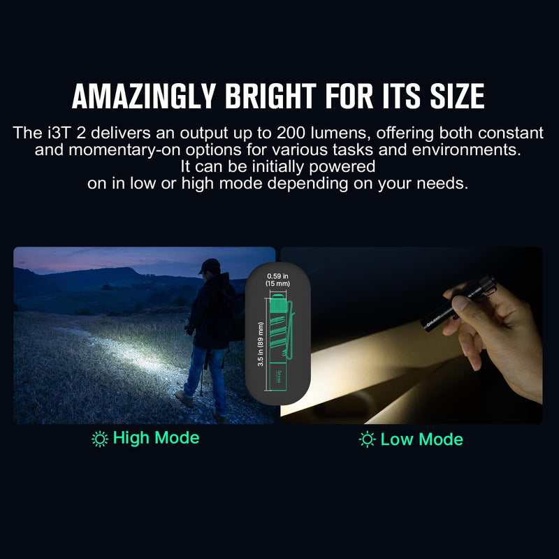 OLIGHT I3T 2 EOS Pocket EDC Flashlight, 200 Lumens Compact Bright Handheld Flash Lights, Dual-Output Tail Switch with AAA Battery and Two-Way Pocket Clip for Camping and Hiking (Black) Standard Edition Black