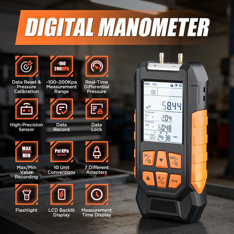 Manometer, Dual Port Digital Manometer -100~200kPa, 10 Units, 7 Adapters, HVAC Gas Pressure Tester with Backlight LCD Display, Data Hold/Record, Flashlight