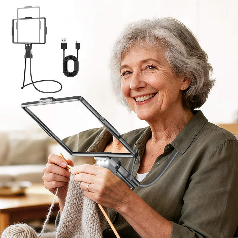 Large 5X Rechargeable Magnifying Glass with Lights, Hands Free Neck Wear Magnifier for Reading, Full Page Book Magnifier for Seniors Low Vision Elderly (Grey) Gray