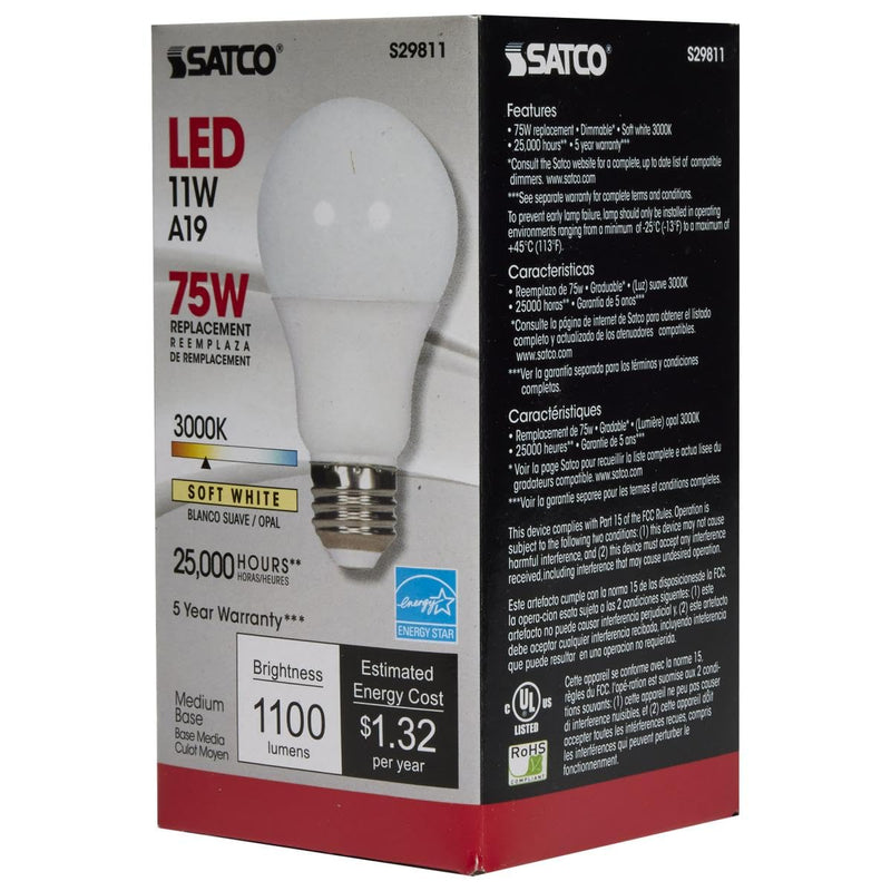 Satco S29811 11 Watt A19 LED Dimmable Frosted Light Bulbs - 3000K Soft White - E26 Medium Base - 1100 Lumens - 220 Degree Beam Angle - 120 Volts - Damp Location (6 Pack)