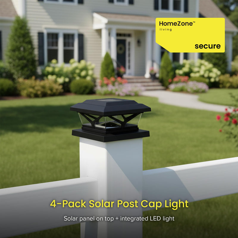 Home Zone Security 4-Pack Crown Style Solar Powered Post Cap Light with LiFePO4 Battery, Dusk to Dawn, 3000K 5000K LED Adjustable Temperature, Fits up to 5.5"x5.5" Post, Black