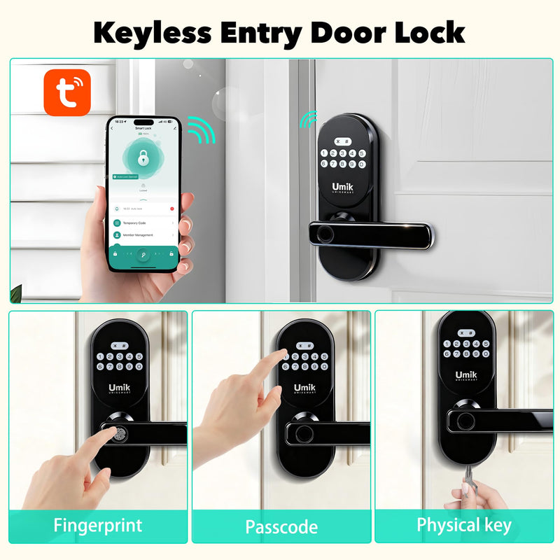 Fingerprint Smart Door Lock with Handle, Keyless Entry Door Lock for Front Door, Auto-Lock, APP Control, Easy Install (Black)