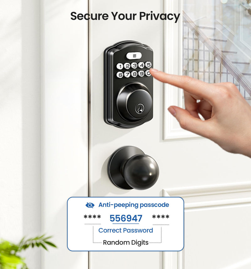 Veise Keyless Entry Door Lock with 2 Knobs, Electronic Backlit Keypad Deadbolt with Handle Set, Auto Lock, One-time Codes, Smart Deadbolt for Front Door, Easy Installation, Matte Black Knob