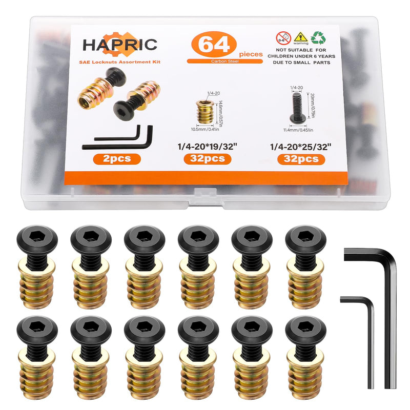 32 Sets 1/4-20 x 25/32" Threaded Inserts for Wood Furniture Screw Wood Inserts and Bolts Threaded Wood Inserts Hex Socket Drive 1/4-20 x 19/32" Screw-in Nuts