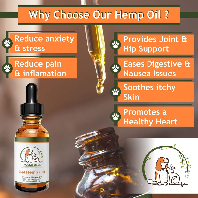 Valerio Pets Hemp Oil for Dogs and Cats - 1 Oz - Hemp Oil Drops with Omega Fatty Acids - Hip and Joint Support and Skin Health 1 Pack (1oz)