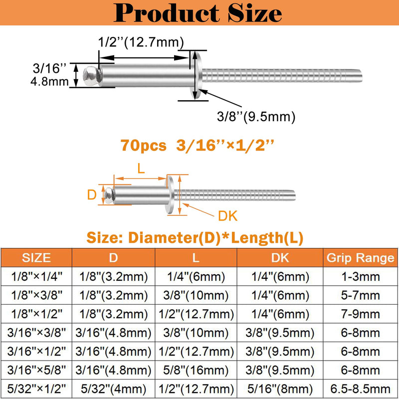 70pcs 3/16 x 1/2 inch Stainless Steel Blind Rivets, 4.8 x 12.7mm Stainless Steel Pop Rivets, Pack of 70 3/16" x 1/2"