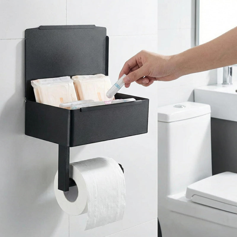 Black Toilet Paper Holder with Storage, Wall Mount Bathroom Tissue & Wipes Holder with Shelf, 2 Installation Methods (No-Drill/Drill), Includes Installation Instructions