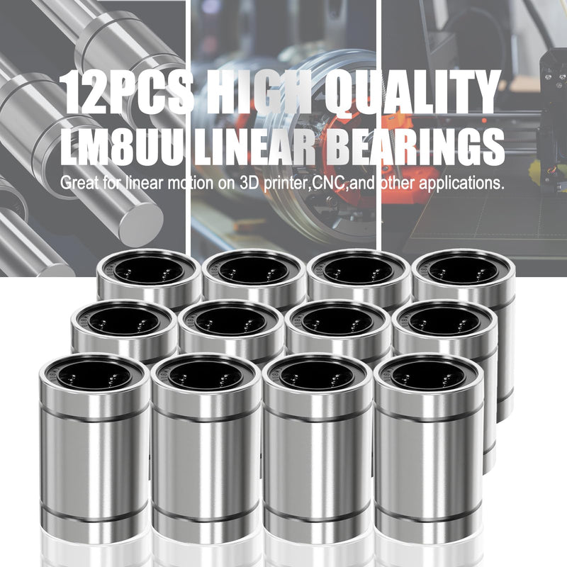 HNYYZL 12Pcs LM8UU Linear Ball Bearings: 8mm Bore, 15mm OD, 24mm Length, Double Rubber Seals – Ideal for CNC and 3D Printer Applications