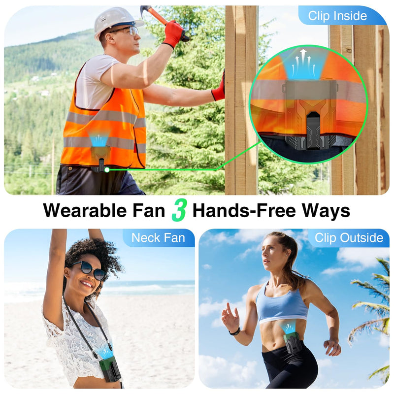 Portable Fan 4000mAh Rechargeable, 4 Speeds 13000RPM Strong Airflow, Personal Waist Fan with Max 24H Working Time, Wearable Clip Belt fan for Camping, Outdoor, Jobsite, Traveling -Green & Black Green
