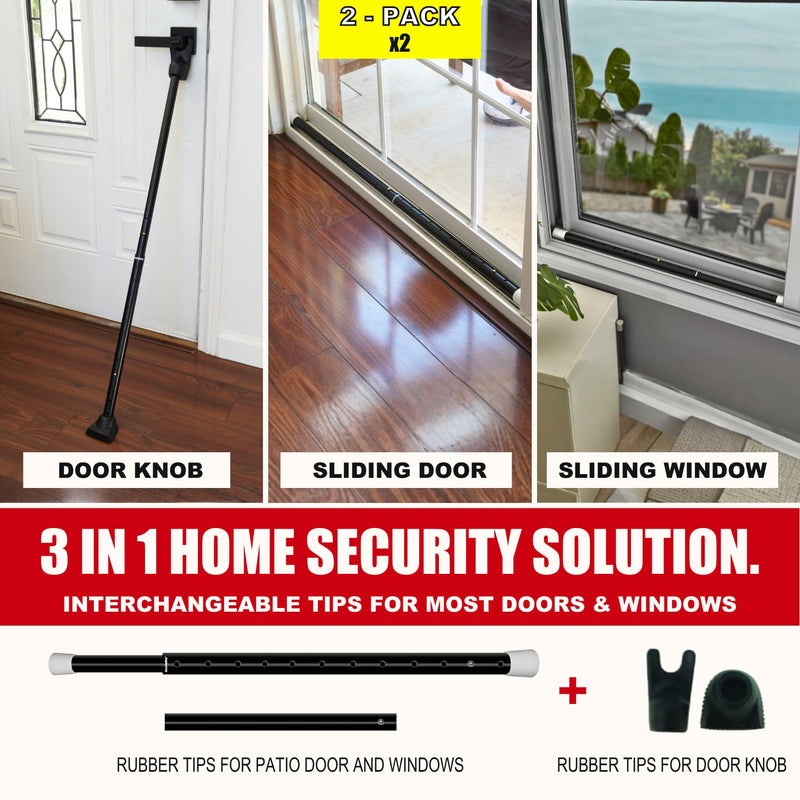 SECURITYMAN 2-in-1 Door Security Bar & Sliding Patio Door Security Bar (2 Pack) via Interchangeable Caps - Heavy Duty Iron Construction Door Stoppers Lock for Home, Apartment, Travel Hotel - Black 2 Pack