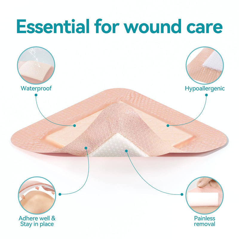 Dimora Ultra Soft Silicone Foam Dressing 4"x4" (10 Pack)- Upgraded Absorbency Wound Dressing with Widened Border, Adhesive Foam Bandages for Bed Sores, Burn, Ulcer, Surgical Wound, FSA/HSA Eligible 4x4 Inch