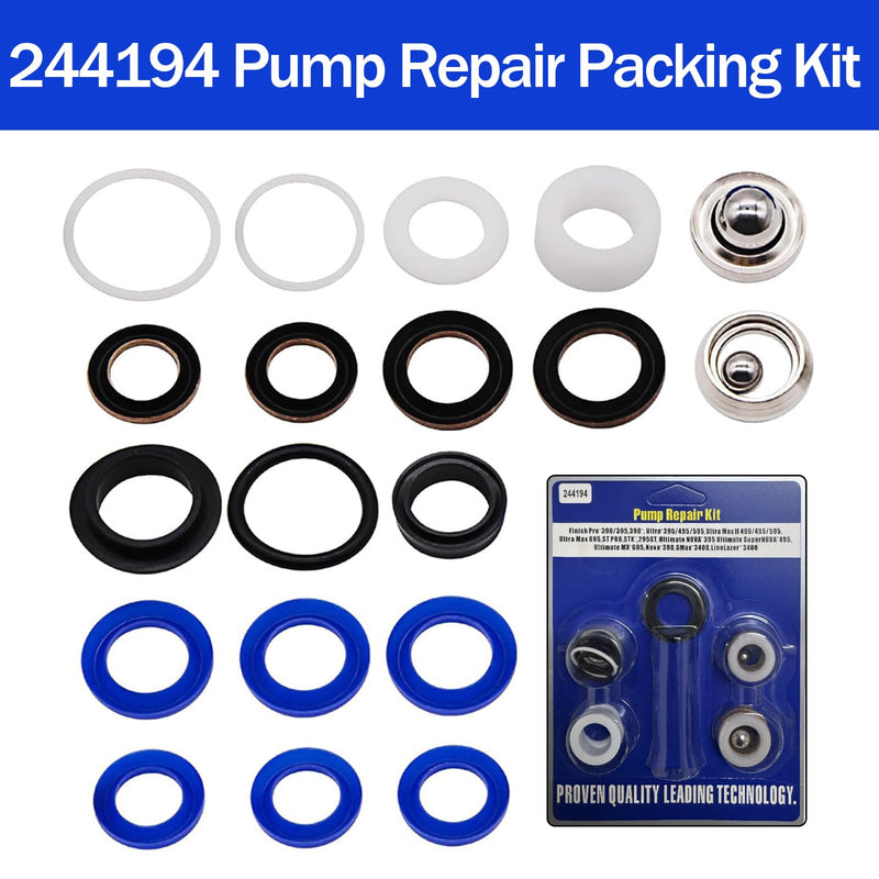 2 Pack 244194 Pump Repair Kit with Disposable Gloves fit for Graco Ultra Max II 390 395 490 495 595 LineLazer 3400 2