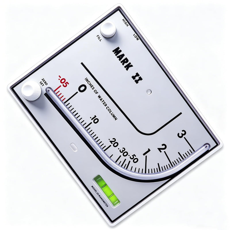 Mark II 25 Liquid Filled Manometer, 3" wc, 3% Accuracy for Pressure Testing | Ideal for furnace, duct, filter and gas pressure checks. Compatible with Dwyer