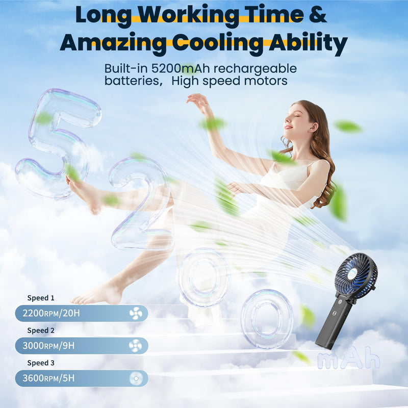 HandFan 5200mAh Handheld Portable Fan, Hand Held Fan, Up to 20H LongRuntime Blue‑Blade Matte Black