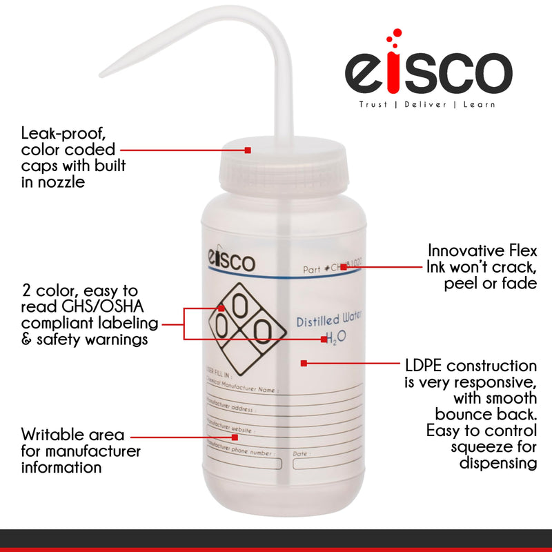 EISCO 6PK Wash Bottle for Distilled Water, 500ml - Labeled with Color Coded Chemical & Safety Information (2 Color) - Wide Mouth, Self Venting, Low Density Polyethylene Labs 6