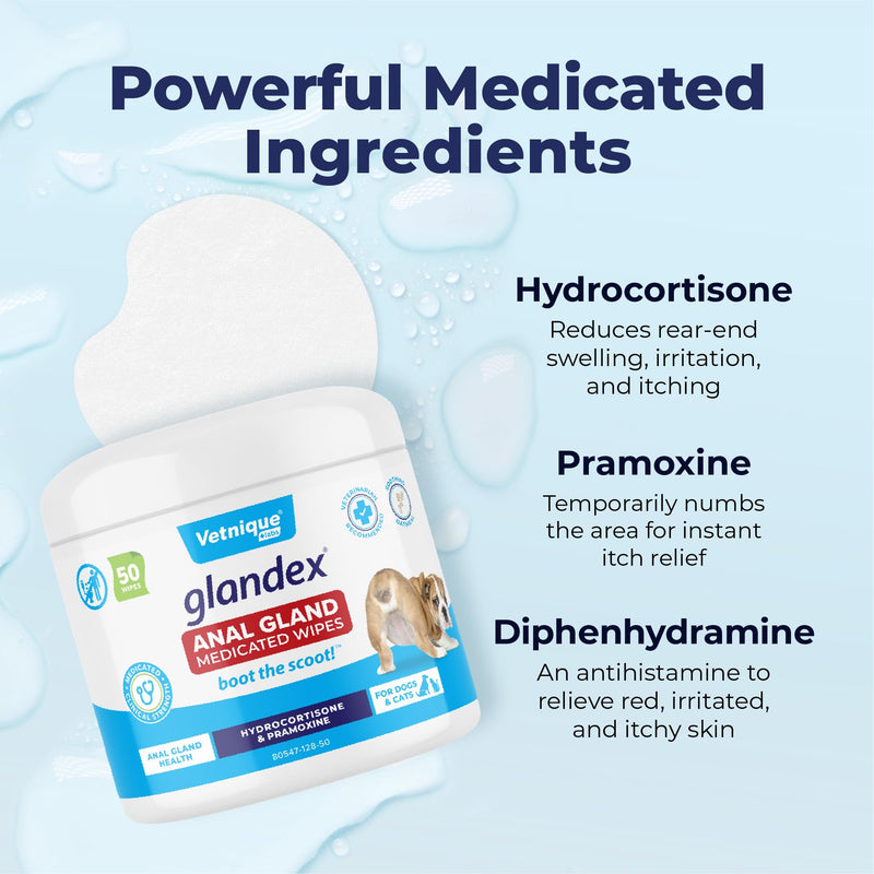 Vetnique Glandex Medicated Dog Butt Wipes & Spray for Dog Scooting - Topical Anti Itch Skin Relief for Soothing Inflamed Anal Glands in Dogs & Cats - Fast Acting Formula 50ct (50ct Wipes) 50ct Wipes - PawsPlanet Australia