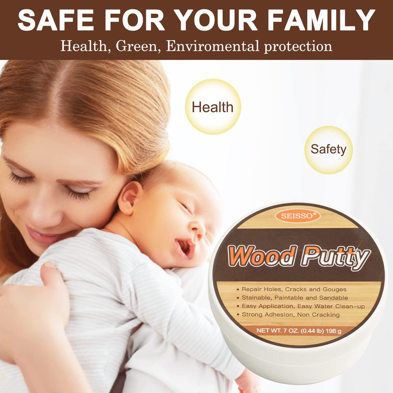 SEISSO Wood Putty, Water-Based Wood Filler, White Wood Putty for Trim, Wood Filler Paintable, Stainable, Wood Furniture Repair kit - Restore Wooden Table, Cabinet, Floors, Door 7 OZ