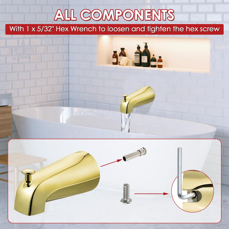 Enhon Tub Spout with Diverter, Slip-Fit Bathtub Faucet Spout Replacement, 1/2 Copper Pipe Connection, Easy to Install, Universal for Bathroom Shower(Polished Brass,1 Pack) Polished Brass
