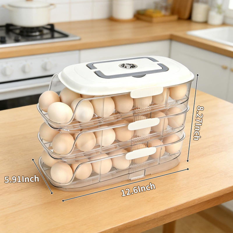 Egg Dispenser for Refrigerator, 3-Layer Clear Plastic Egg Holder Adopt Transparent PET Material & Hidden Handle Design – Egg Organizer for Refrigerator with Cover Lock Buckle (Capacity of 42 Eggs) Capacity of 42 Eggs