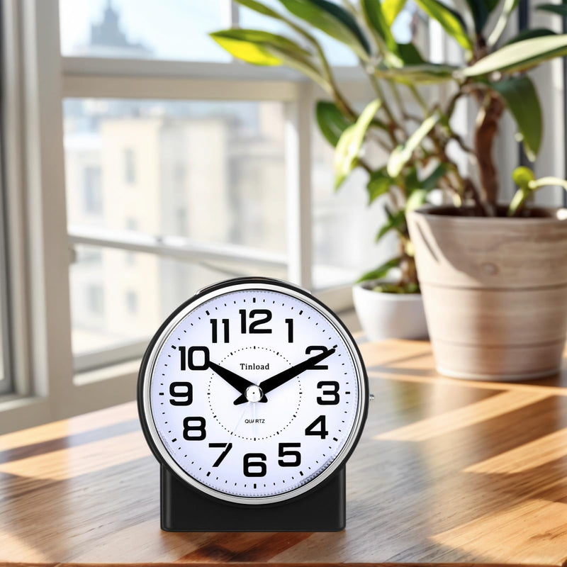 4.3" No Ticking Analog Alarm Clock,Silent Readable for Seniors,Easy to Set,Gradual Rise Alarm,Big Numbers,On/Off Switch on Side,Gentle Wake,Snooze,Lighted on Demand,Battery Operated,Black Black