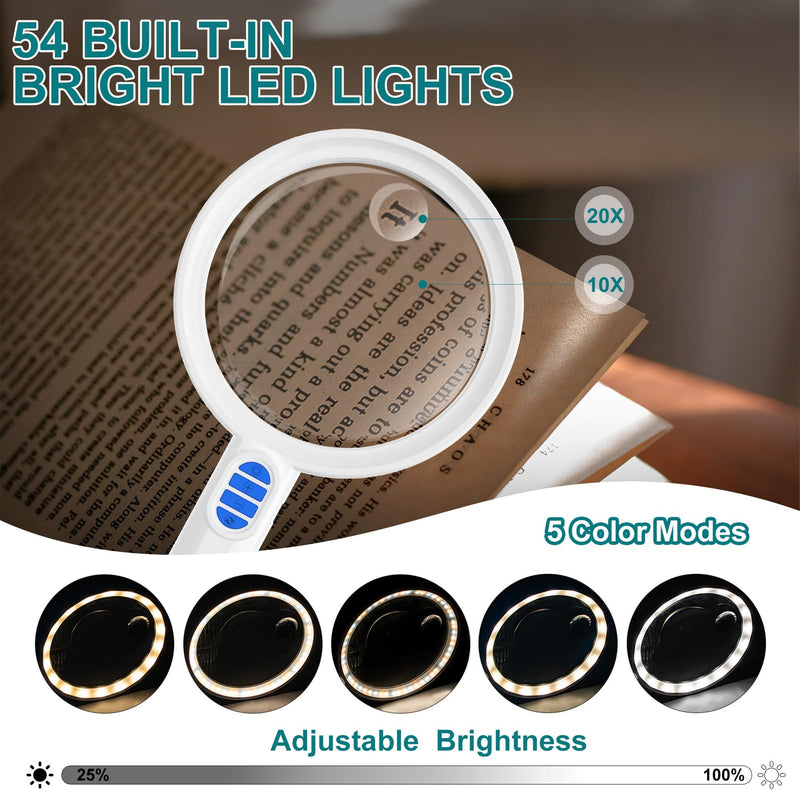 Large Magnifying Glass with Light, 54 LED Rechargeable Lighted Magnifier with 5 Color Modes & 20 Brightness Levels, 10X/20X/45X Handheld Magnifier for Seniors Reading, Coin Inspection