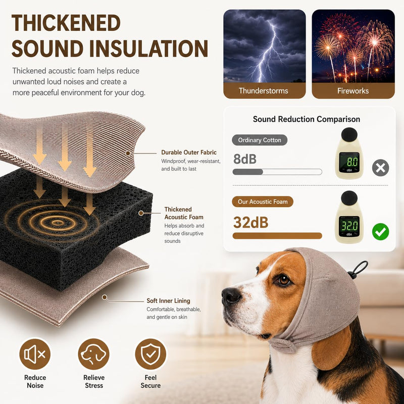Upgraded Dog Ear Muffs with Soundproof Foam, Noise Protection, No Shake Ear Wrap, Calming Hoodie for Fireworks Grooming Bath Coffee L Mocha Bark Large